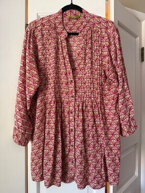 Rock Flower Paper Pink Floral Tunic Blouse Boho Button Down Top Size L